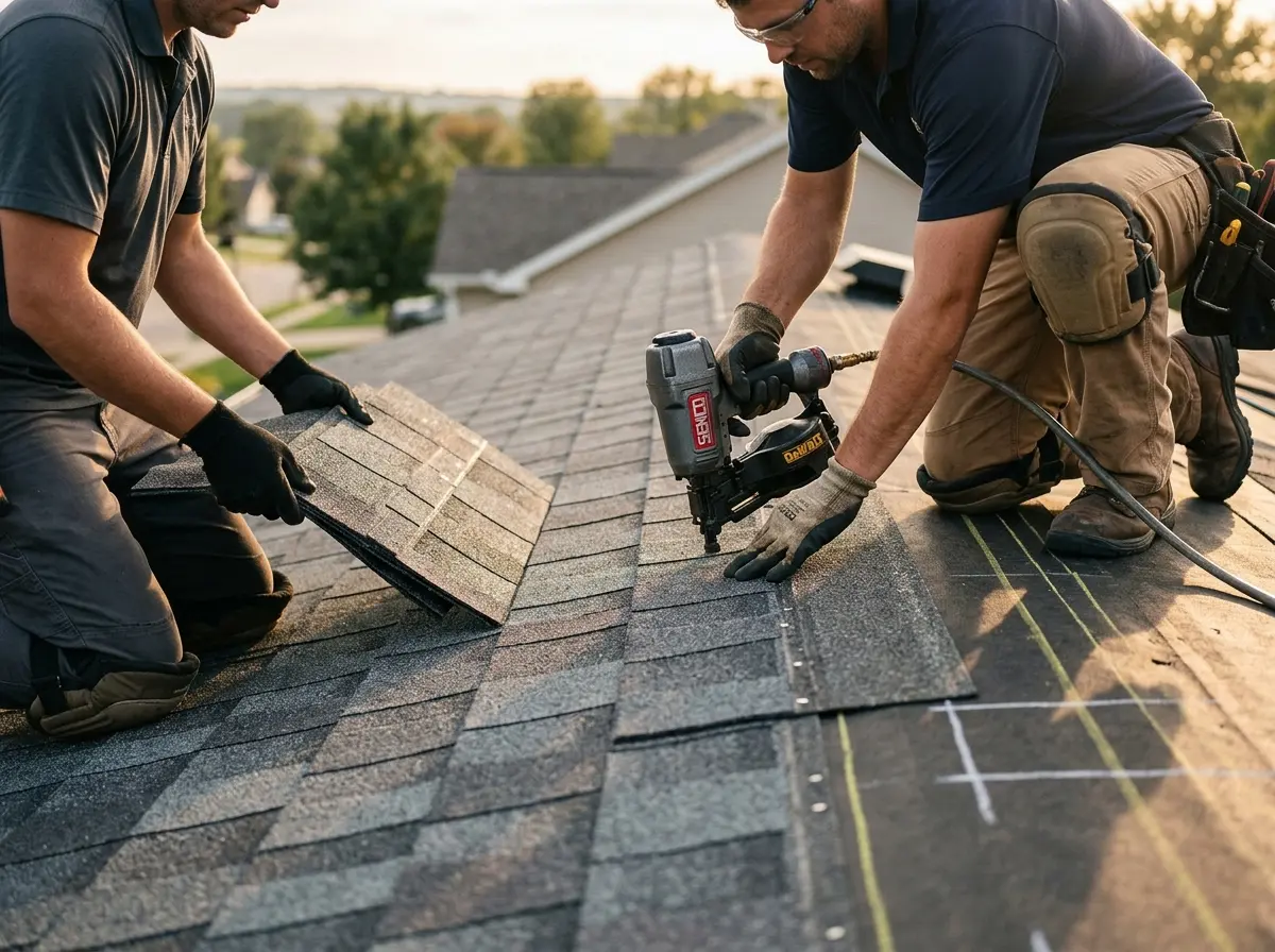 Professional roofer working on a residential roof in Woodinville